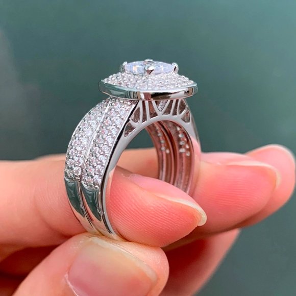 2 Pcs 925 Sterling Silver Jewelry Engagement Ring - Picture 3 of 7